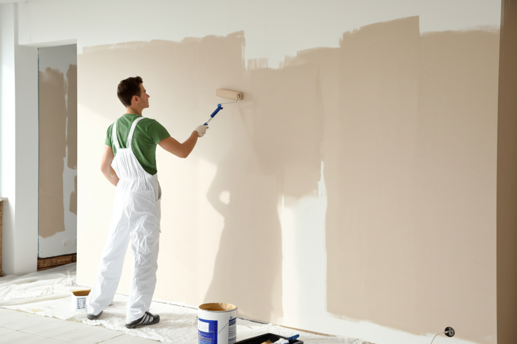 Professional painter finishing drywall with paint in North Hills