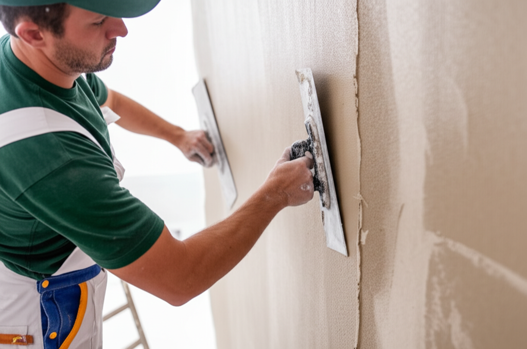 Worker professionally applying texture to drywall in North Hills