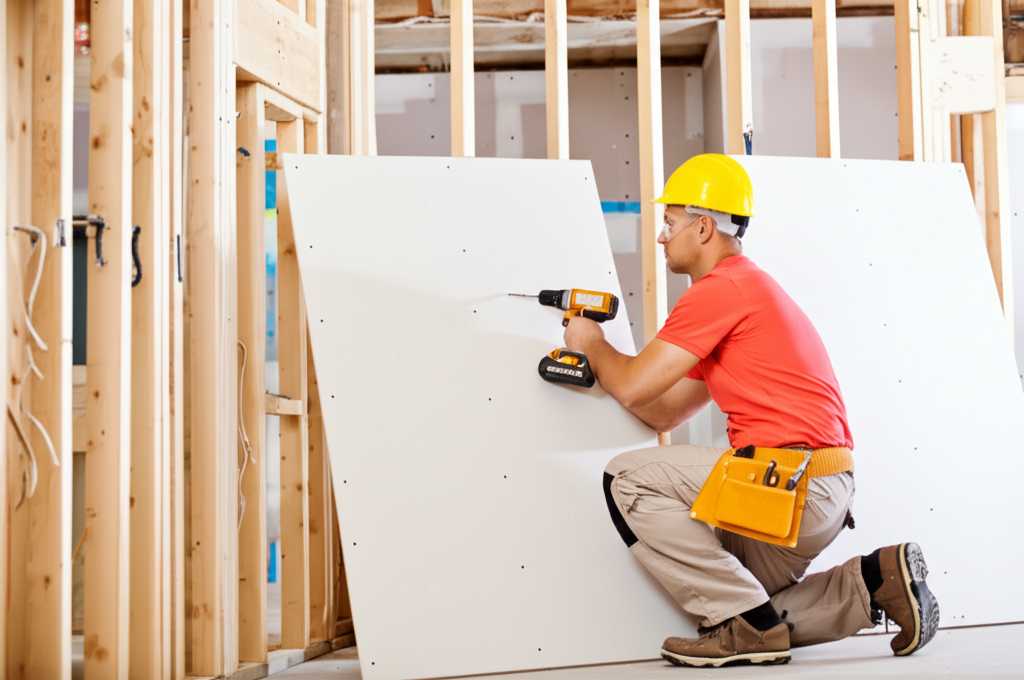 Worker installing new drywall in North Hills
