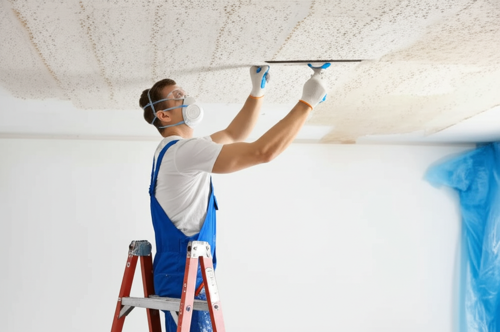 Worker safely removing popcorn ceiling in North Hills home