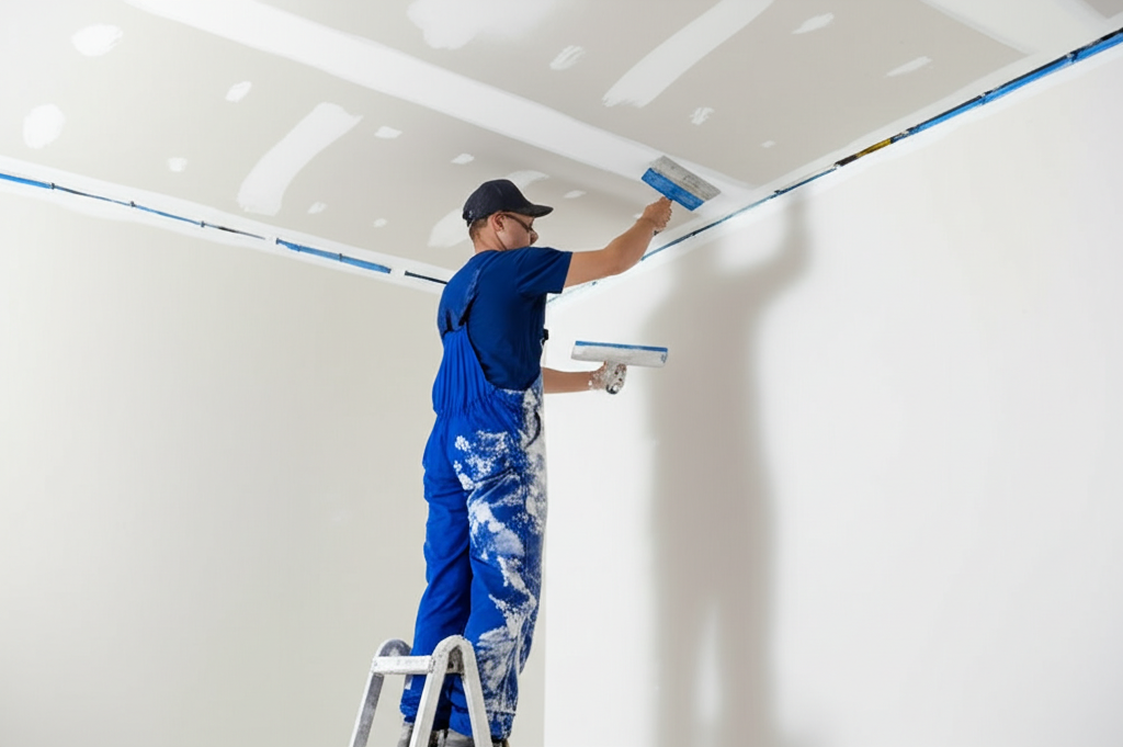 Professional repairing damaged ceiling in North Hills residence